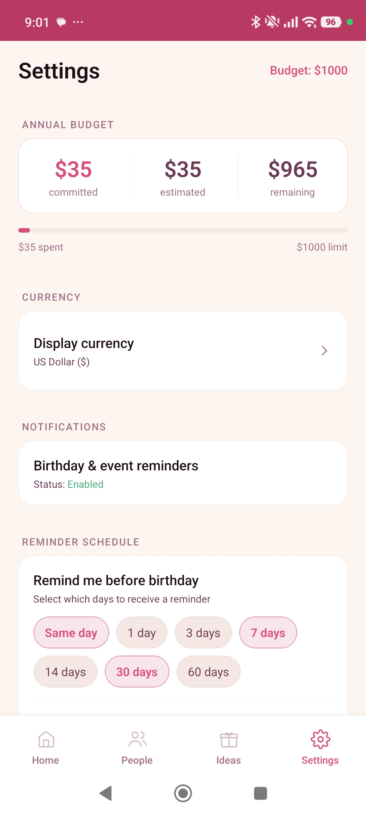 GiftVault settings screen